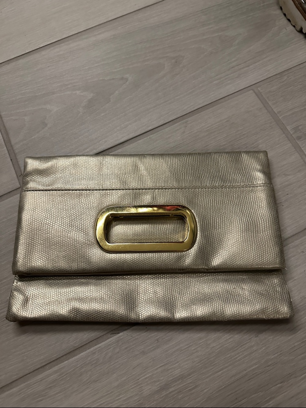 Gold Metallic Fold-Over Clutch with Gold Hardware